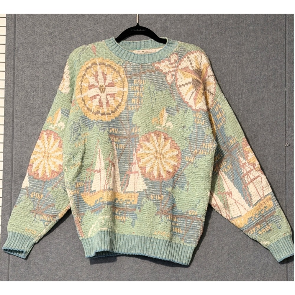 Crossings Vintage Nautical Sailboat Sweater XL Pastel Knit Coastal Grandmacore